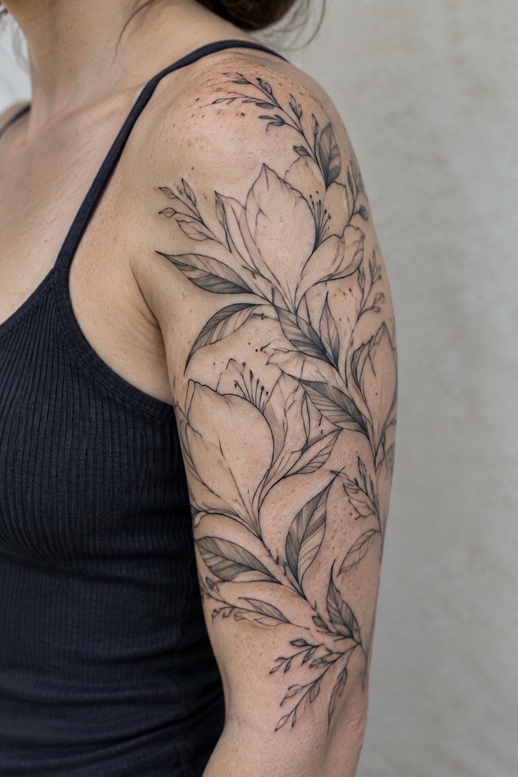 Woman's upper arm with large black floral tattoo and ribbed tank top