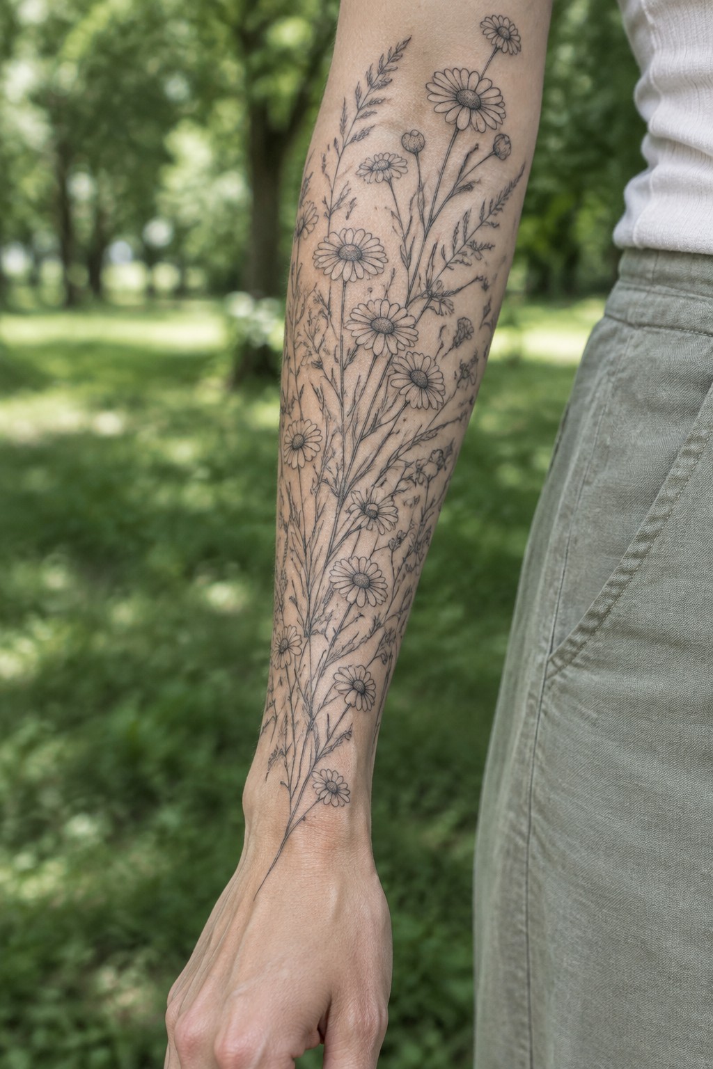 Floral daisy tattoo on arm with white top and green pants outdoors