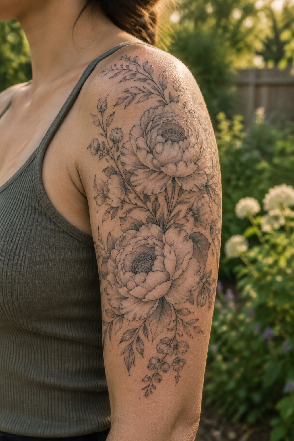 Woman's shoulder with large black-and-gray peony tattoo, wearing gray tank top outdoors