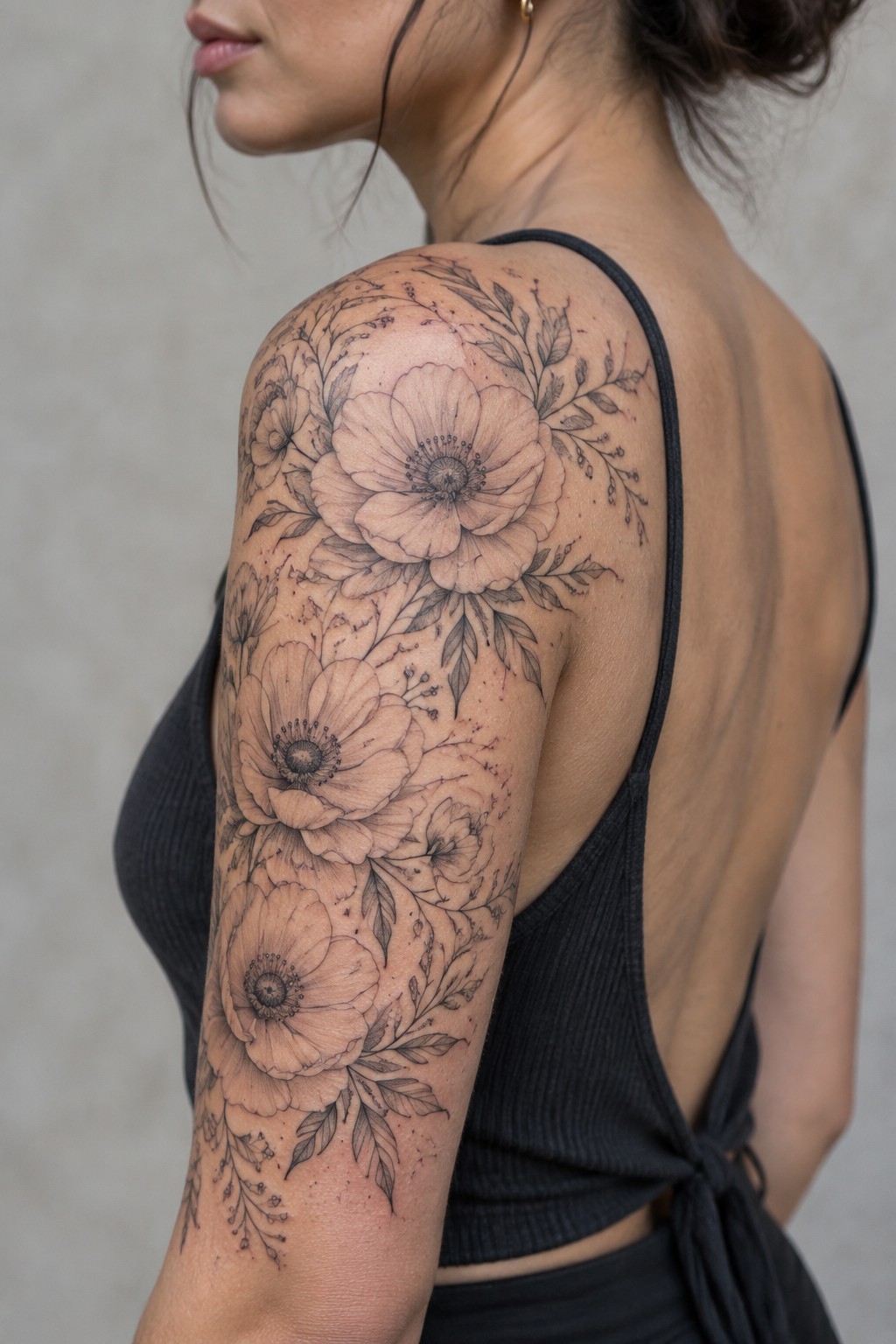 Woman in black tied-back top with large poppy tattoo on shoulder and arm