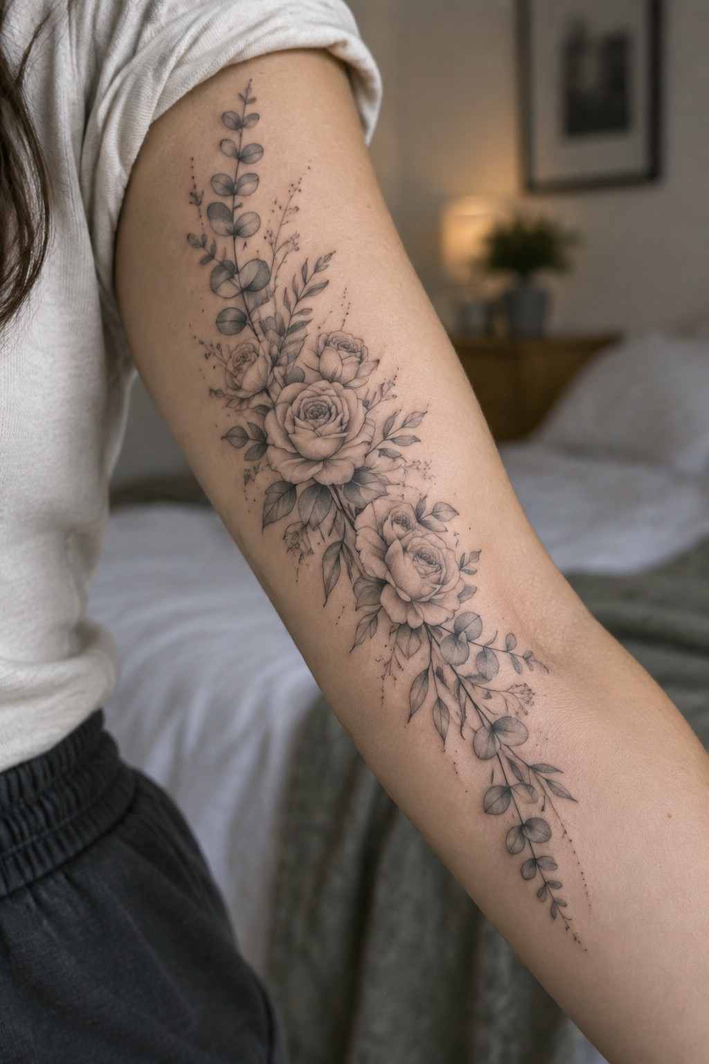 Black and gray rose tattoo with eucalyptus on arm in white t-shirt