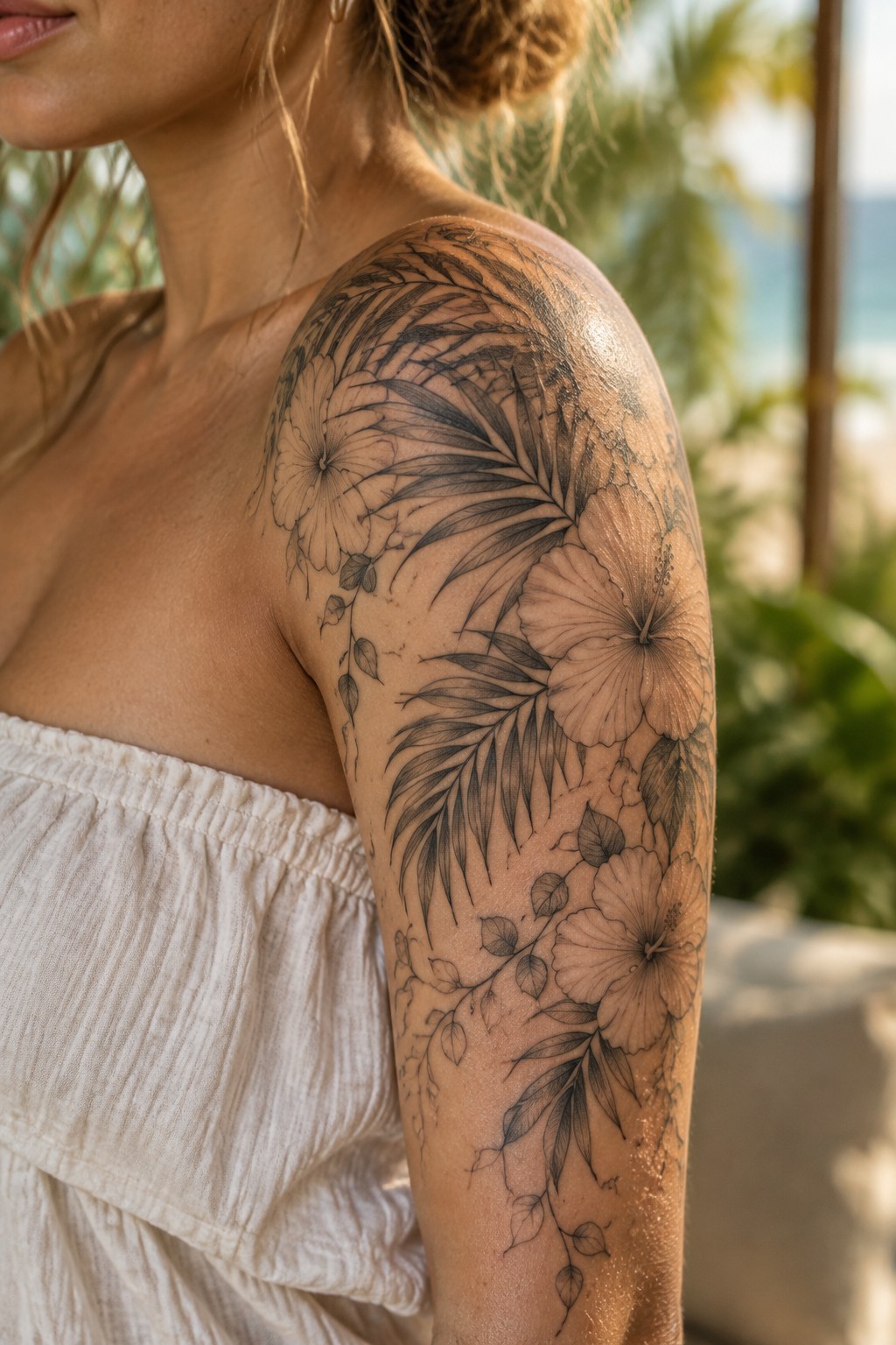 Woman's shoulder with large hibiscus and palm leaf tattoo over white off-shoulder top.