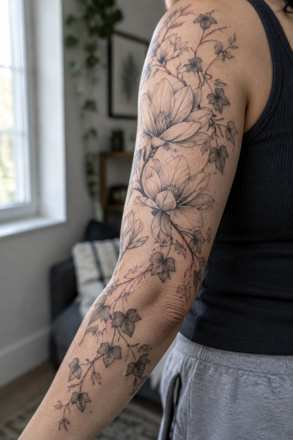 Fine line tattoo of magnolia style flowers and ivy vines wrapping a woman's arm from shoulder to forearm in black and grey shading.