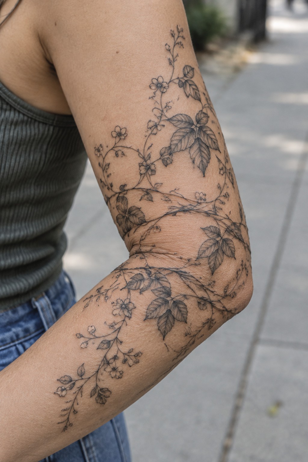 Fine line botanical tattoo of winding vines with leaves and small flowers covering a woman's arm from upper arm through the elbow to the forearm.