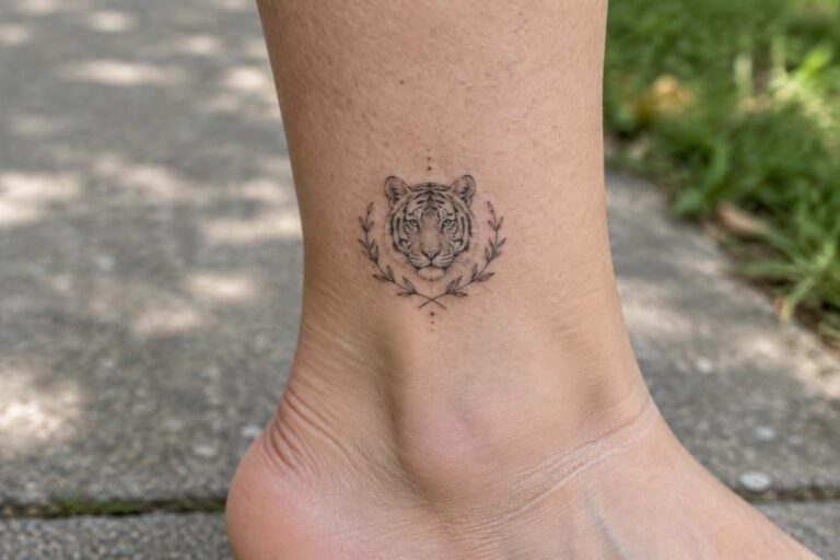 16 Powerful Tiger Tattoos for Women Framed by Botanical Elements Tiger face tattoo with laurel branches on ankle above light blue sock