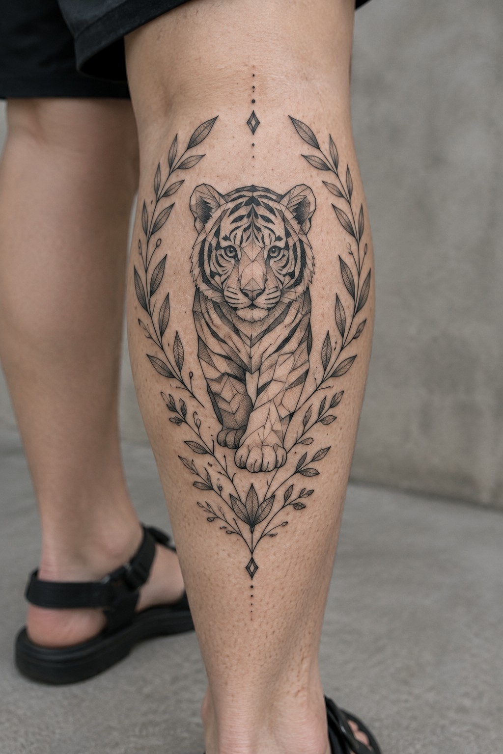 Black and grey geometric tiger tattoo on a woman's lower leg framed by leafy branches with diamond accents.