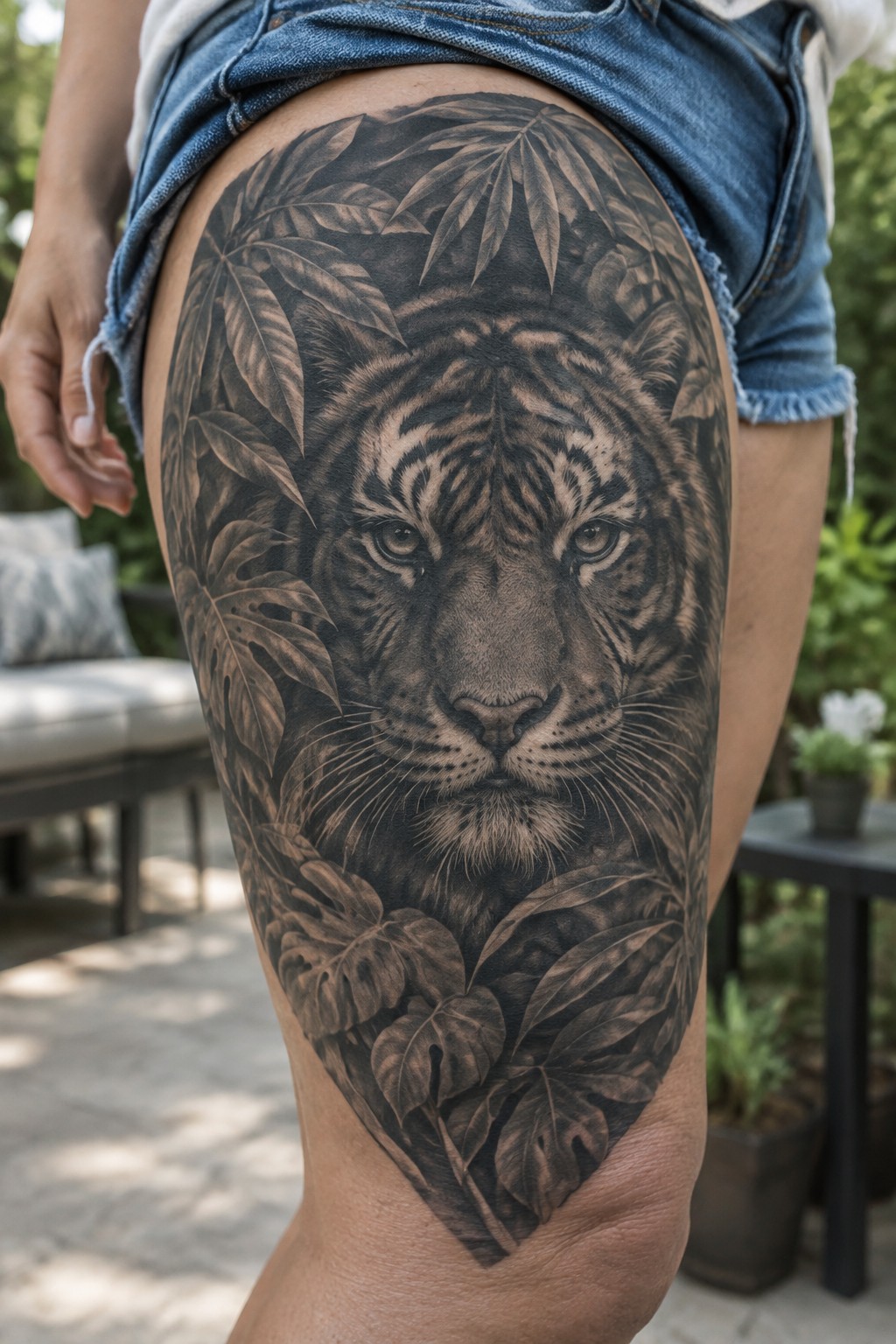 Black and gray tiger face tattoo with leaves on thigh under denim shorts