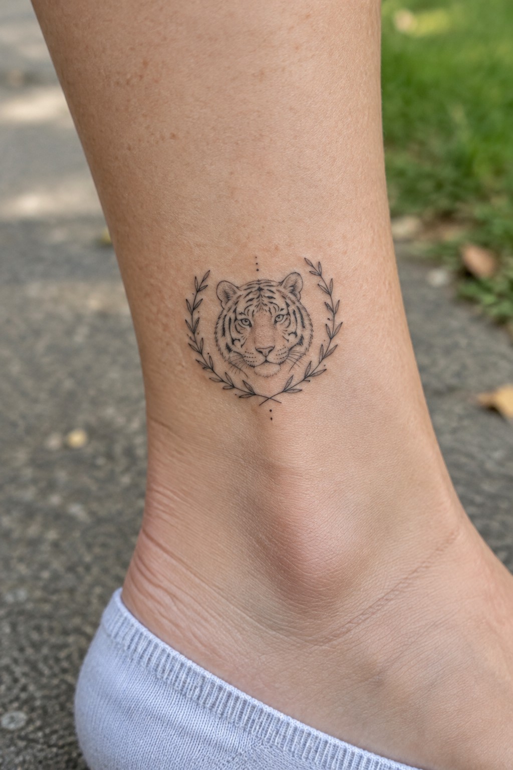 Tiger face tattoo with laurel branches on ankle above light blue sock
