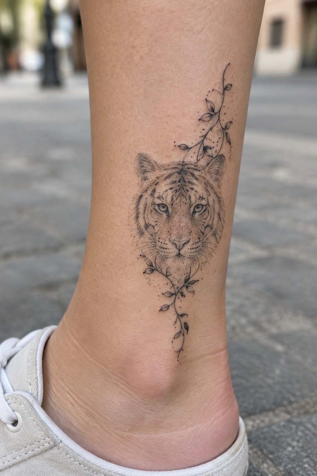 Fine line tiger head tattoo on the ankle framed by botanical vines with dotwork details