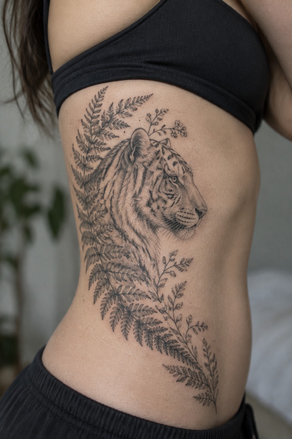 Tiger head tattoo with ferns on side under black crop top.