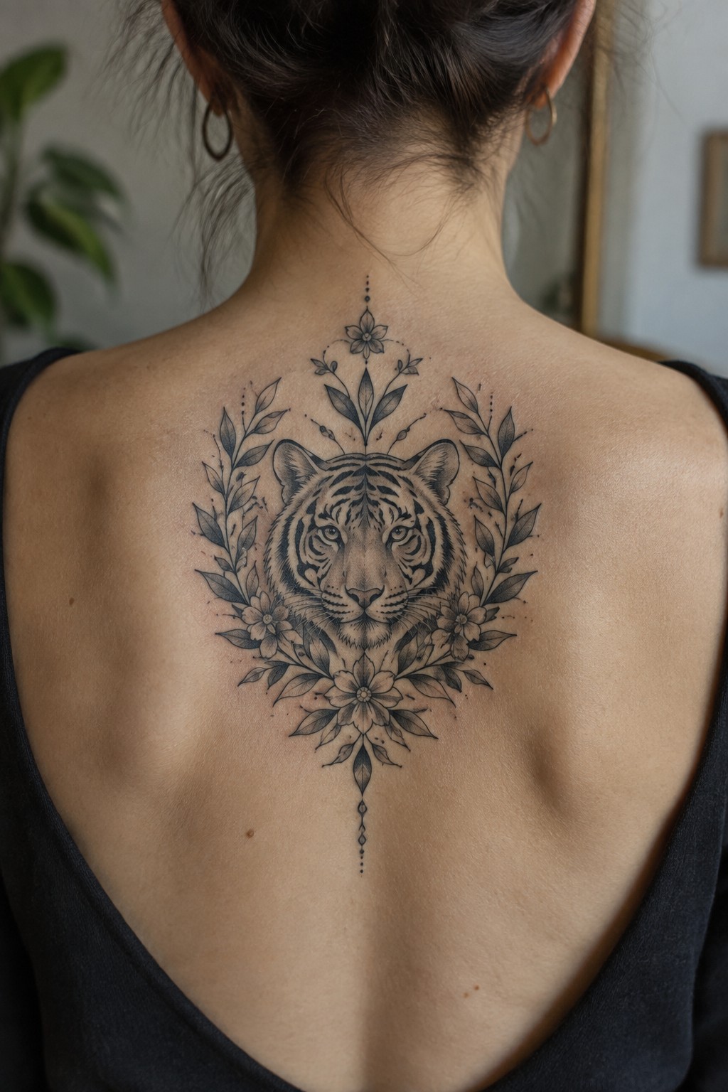Woman's back with large tiger face and floral black ink tattoo.