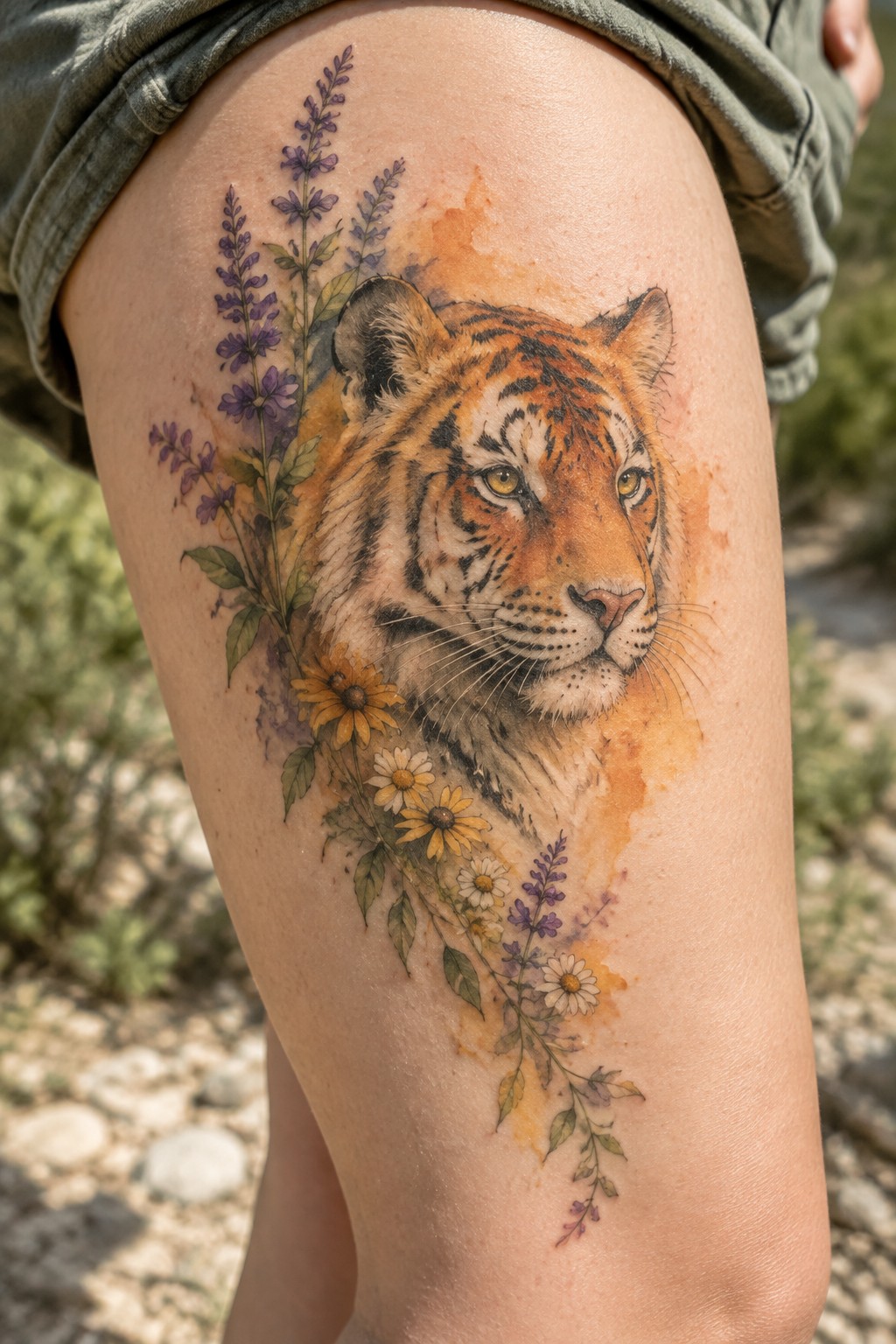 Realistic tiger face tattoo with purple lavender and yellow daisies on thigh