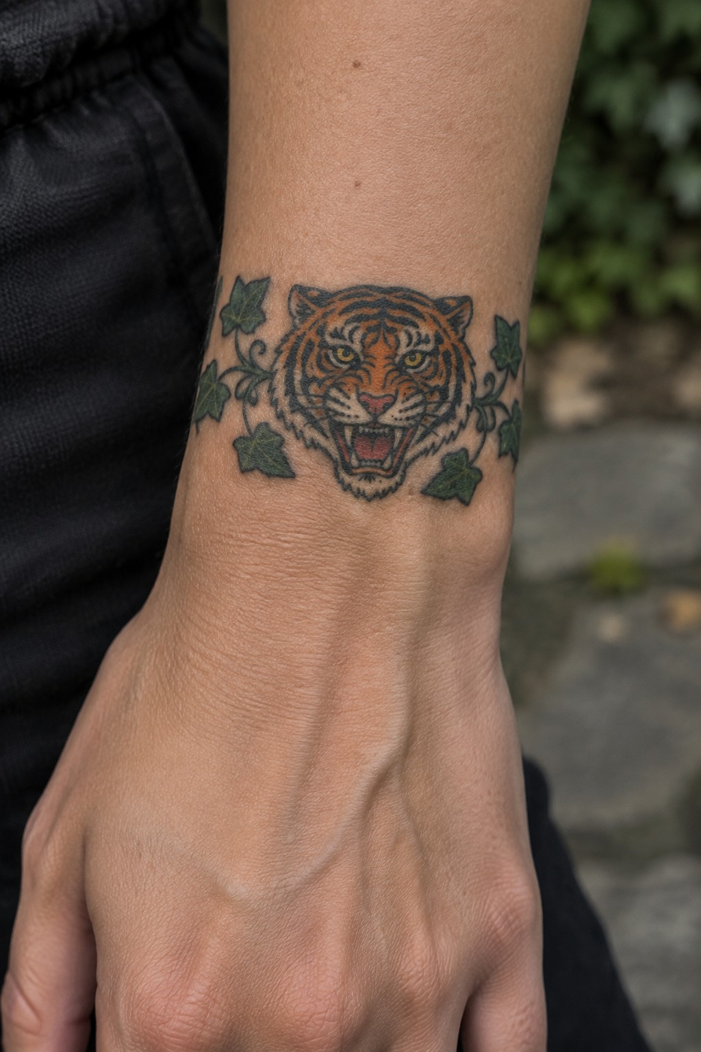 Close up of a tiger head tattoo on the inner wrist framed by green ivy leaves and vines.