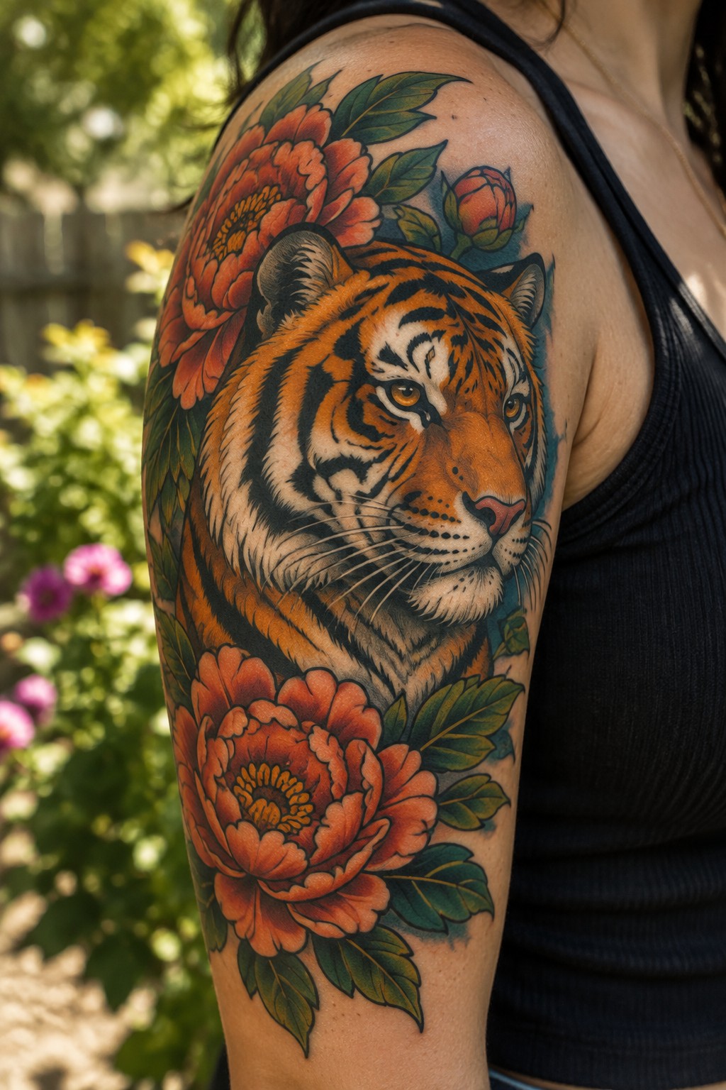 Vibrant tiger tattoo with orange peonies on shoulder in black tank top