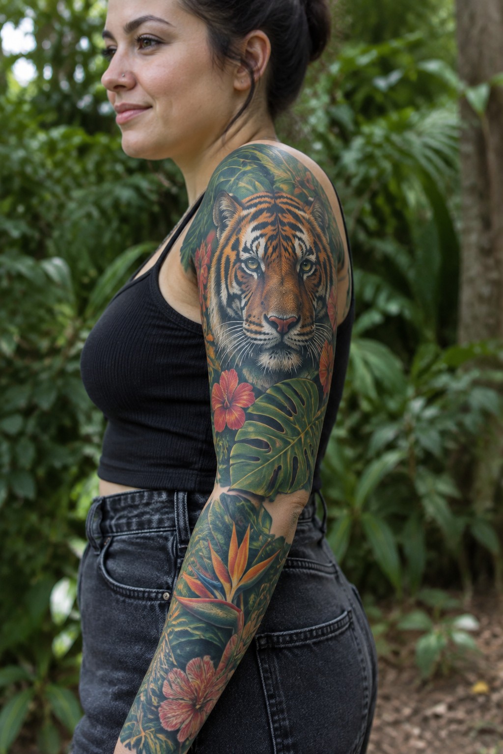 Woman with black tank top and colorful tiger-flower tattoo on arm in jungle.