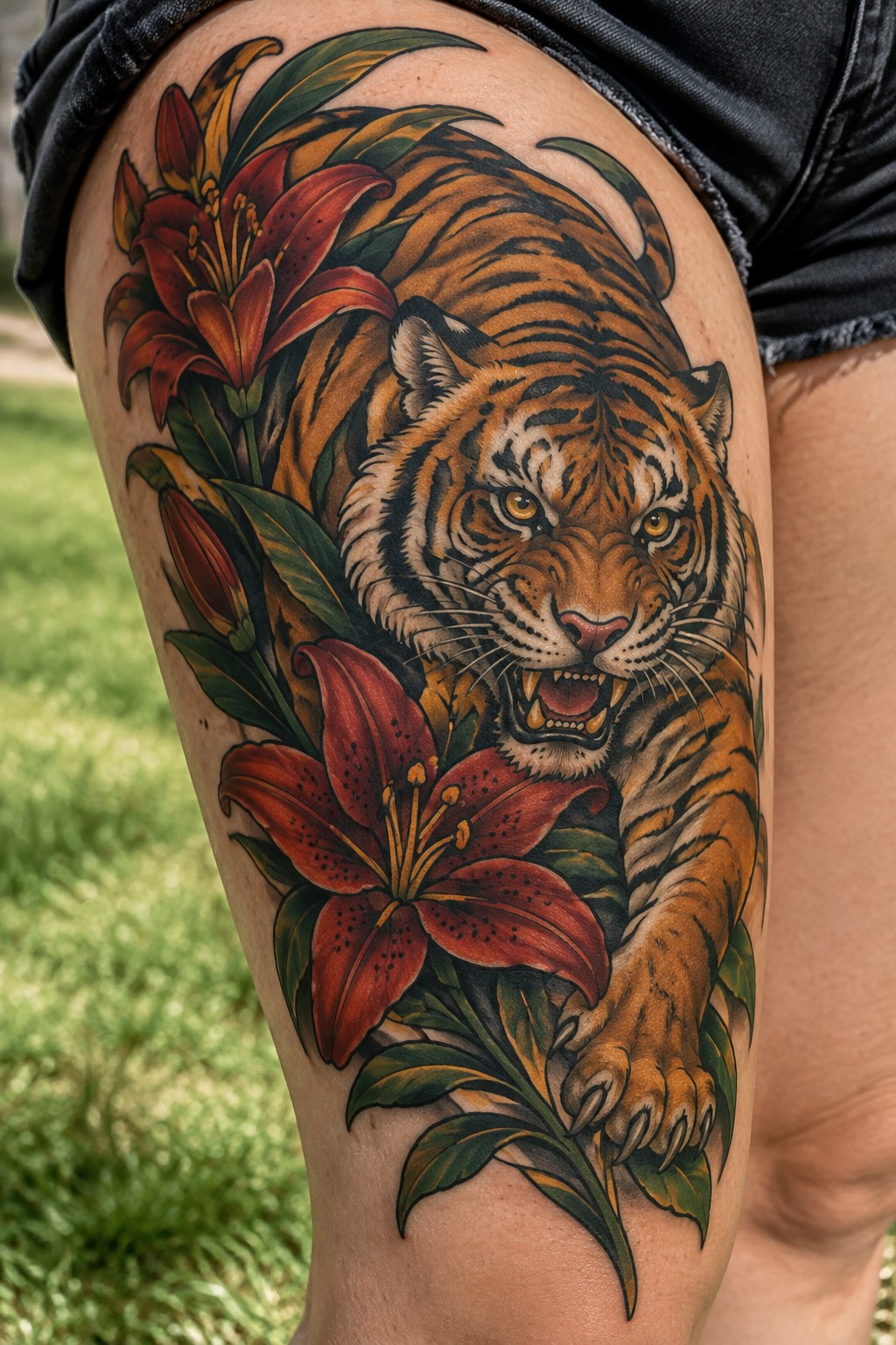Realistic tiger with red lilies tattoo on thigh under black denim shorts.
