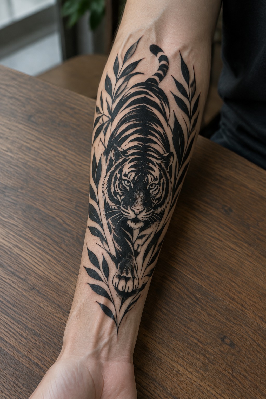 Realistic black tiger tattoo with leaves on forearm resting on wooden table.