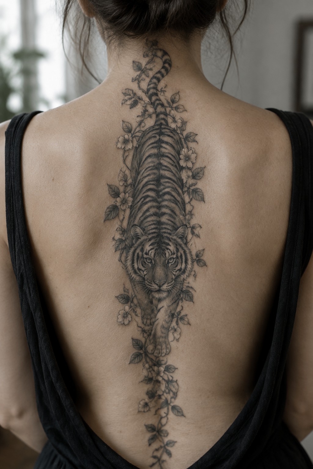 Woman's back with realistic tiger tattoo and floral vines along spine