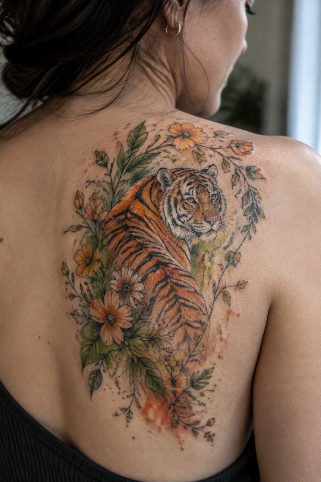 Woman's back with large orange tiger tattoo amid colorful flowers and leaves