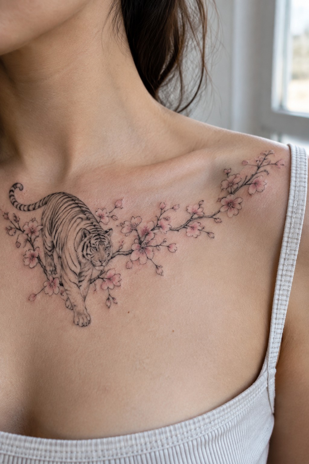 Striped tiger amid pink cherry blossoms tattooed across shoulder and chest