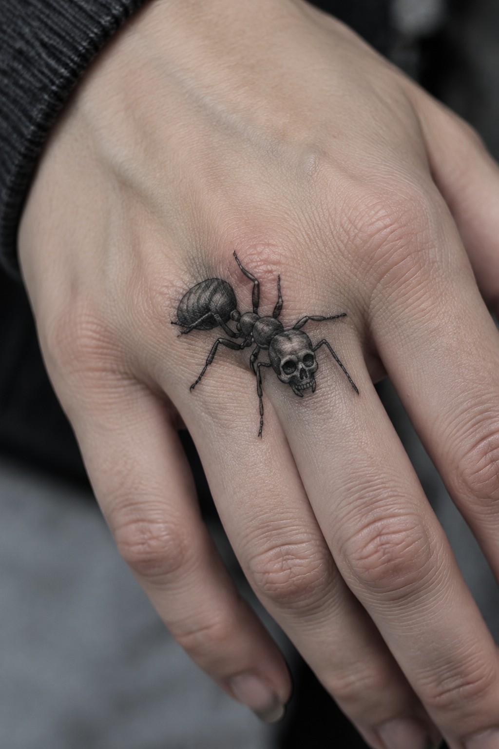 Detailed black-and-gray skull-headed ant tattoo on back of a hand
