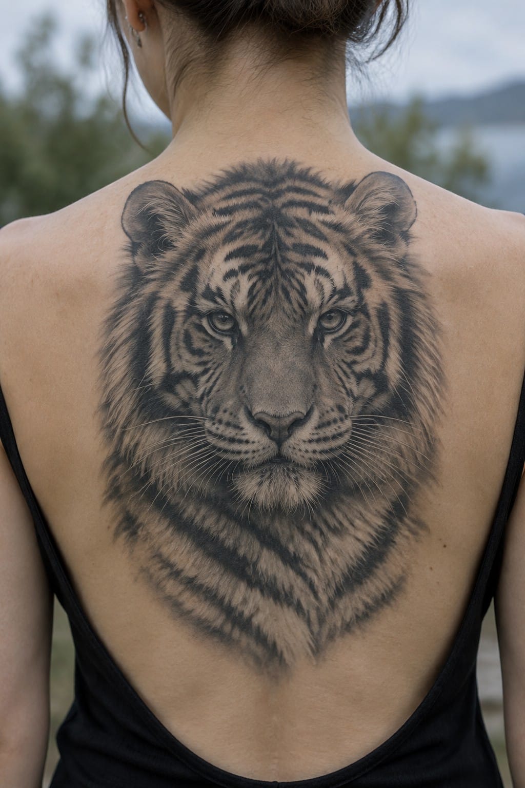 Woman's back with large realistic tiger tattoo, black tank top, blurred outdoors