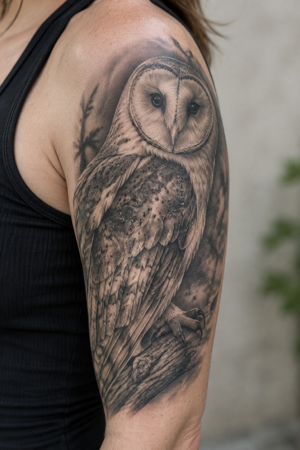 Realistic black and gray barn owl tattoo on upper arm with black tank top.