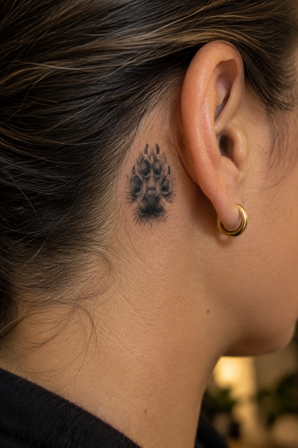 Black paw print tattoo behind ear with gold hoop earring and brown hair.