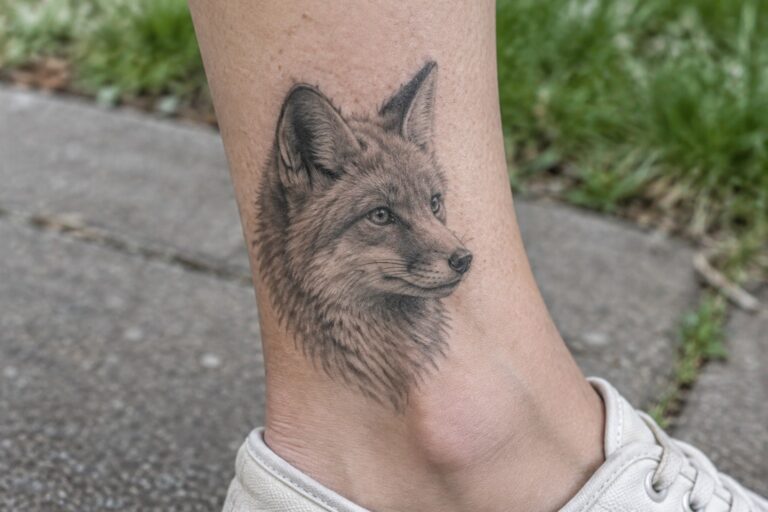 16 Realistic Animal Tattoos for Women Rendered in Black-and-Gray Detail Realistic black and gray fox head tattoo on the ankle in profile view