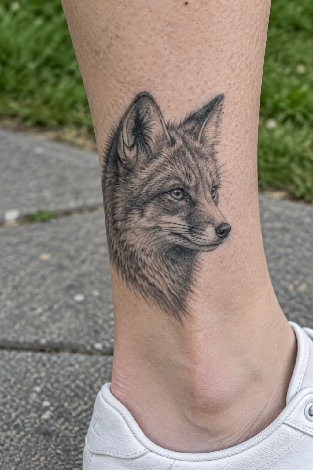 Realistic black and gray fox head tattoo on the ankle in profile view
