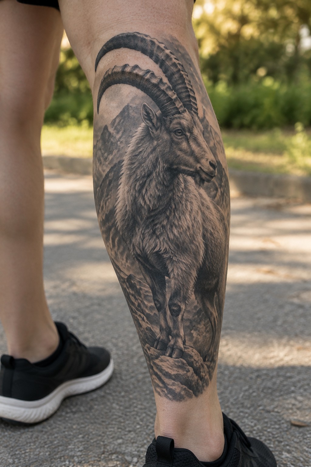 Realistic black and gray tattoo of a goat with curved horns on rocky terrain covering the lower leg