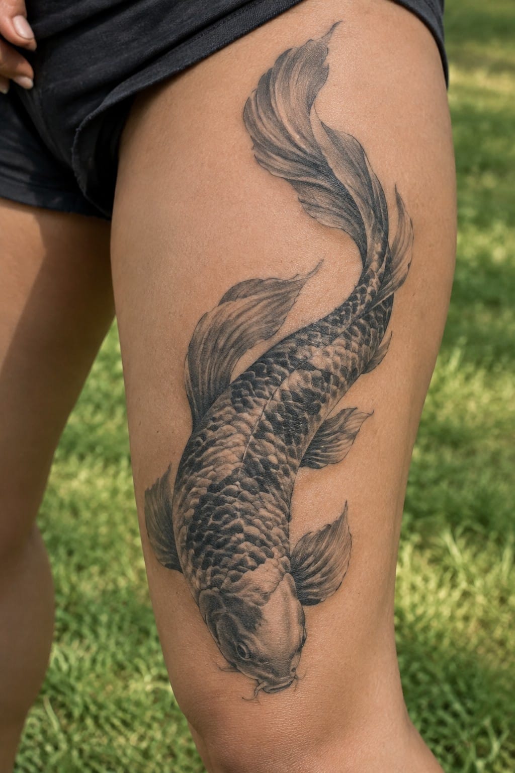 Realistic black and gray koi fish tattoo on a thigh with detailed scales and flowing fins following the leg curve.