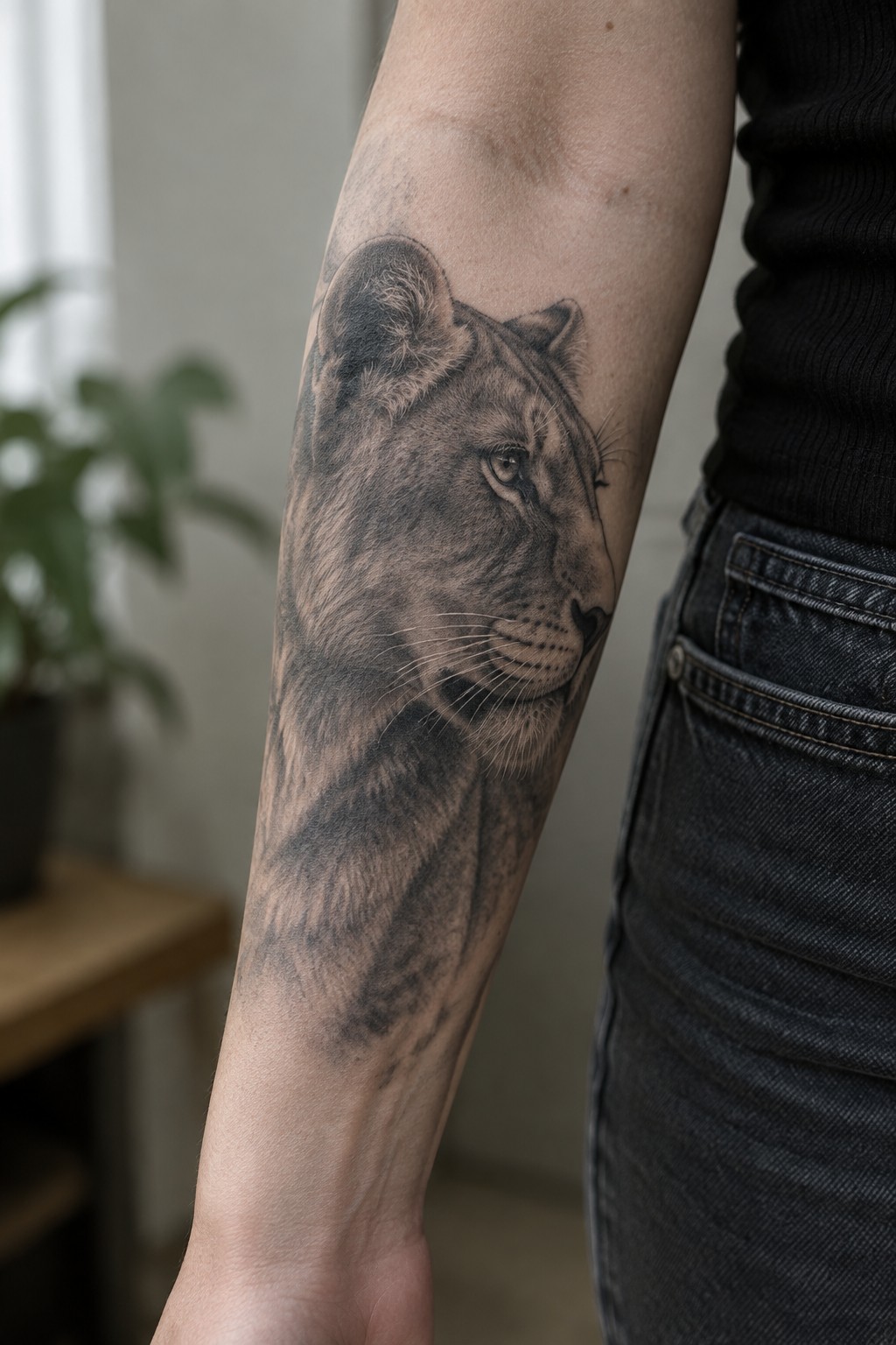 Black and gray realistic tattoo of a lioness head in profile on the forearm