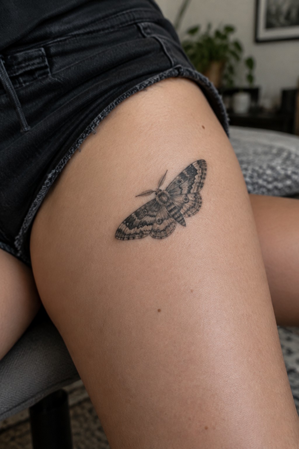 Black and gray moth tattoo on thigh beneath frayed black denim shorts.
