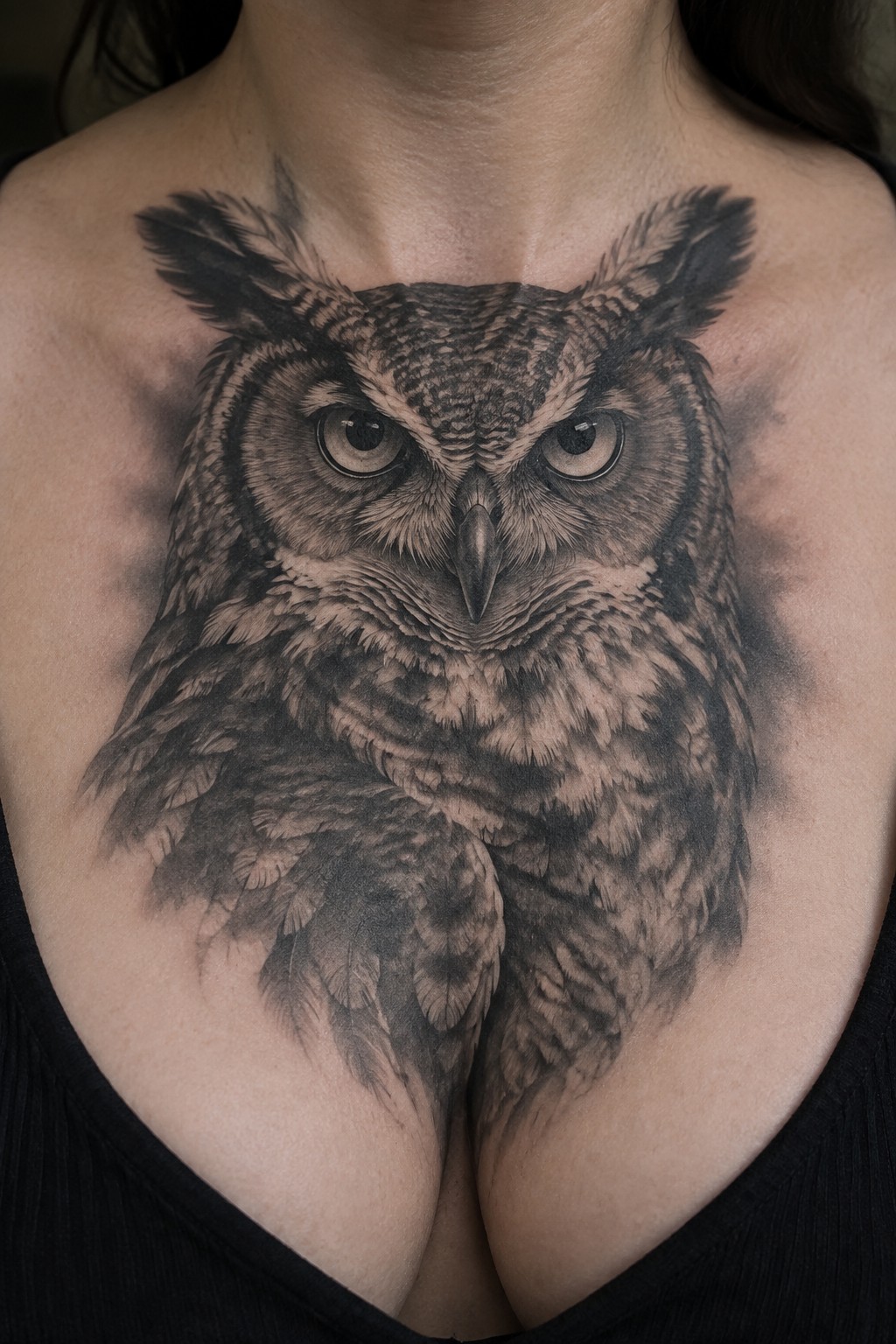 Large realistic black and gray owl tattoo on a woman's upper chest, with detailed feathers and forward facing eyes.