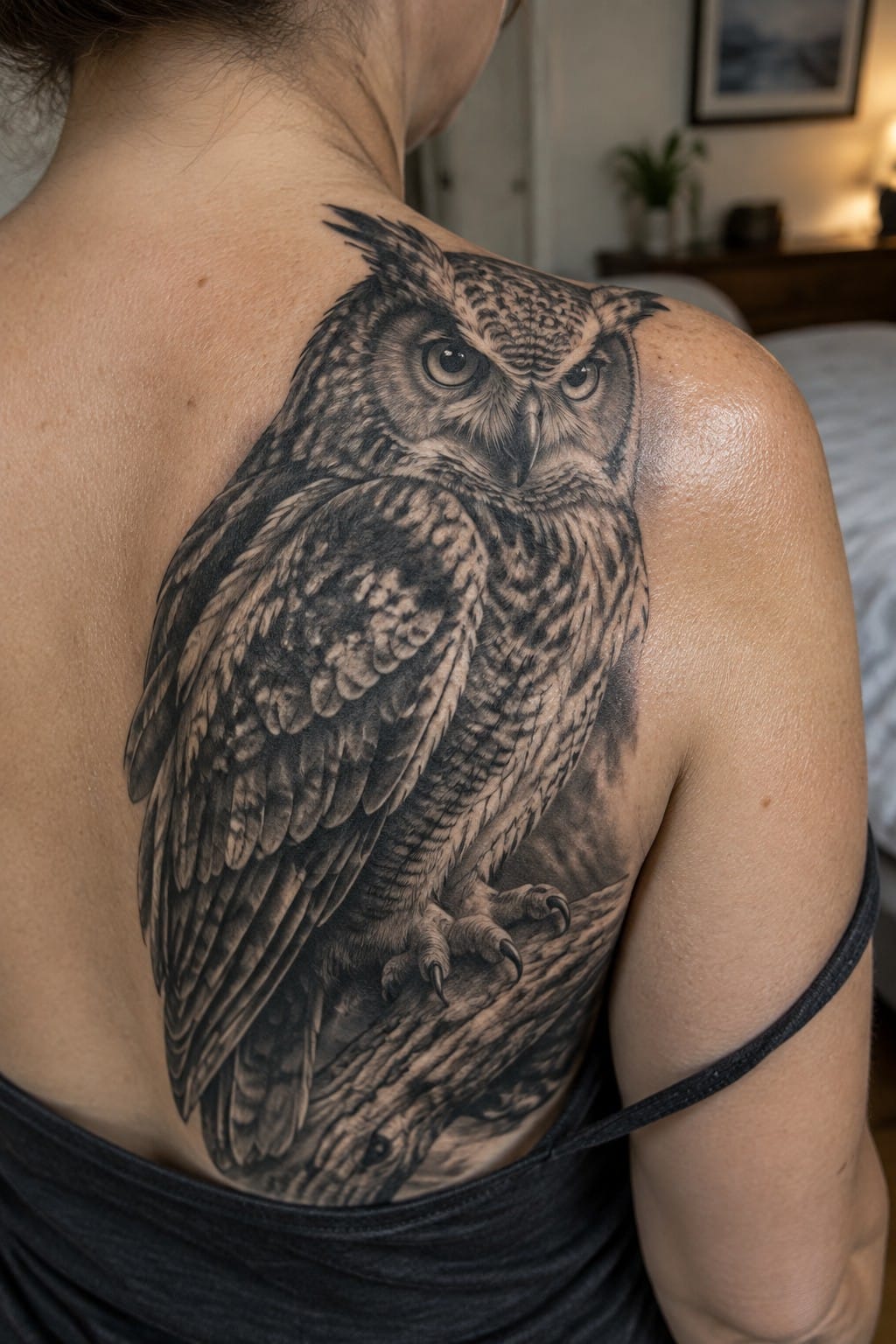 Detailed black-and-gray owl tattoo on person's upper back and shoulder