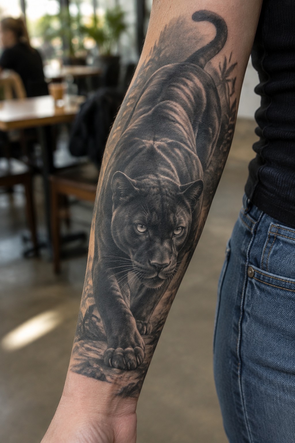 Realistic black panther tattoo on forearm of person in black shirt and blue jeans.