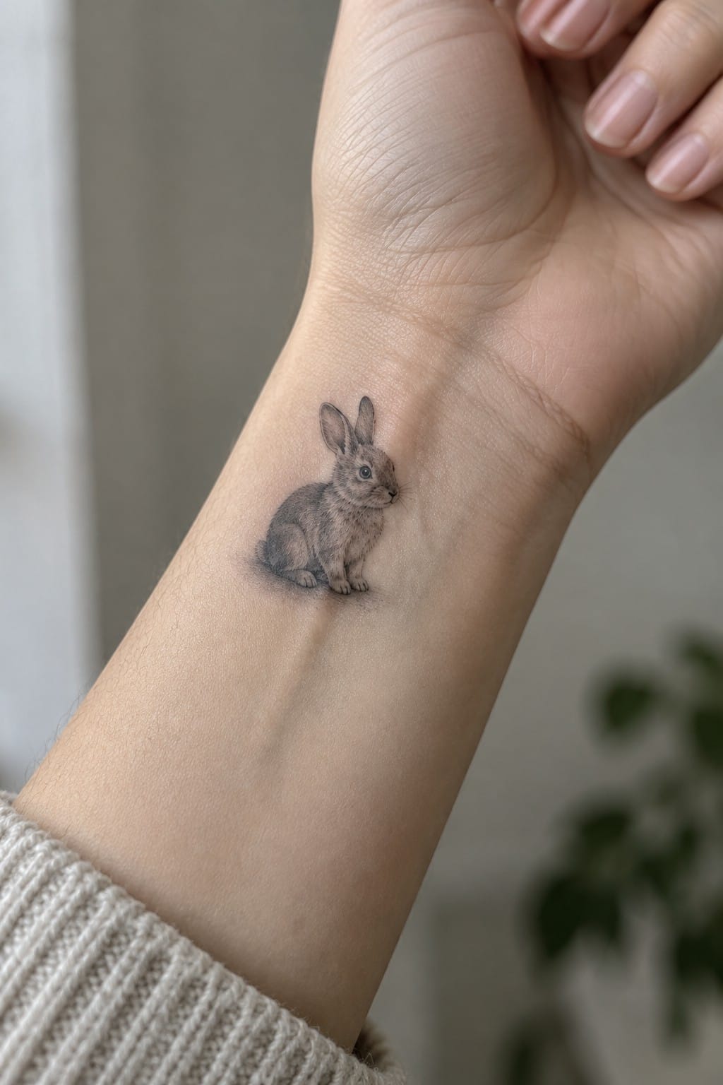 Realistic rabbit tattoo on inner wrist above beige sweater cuff.