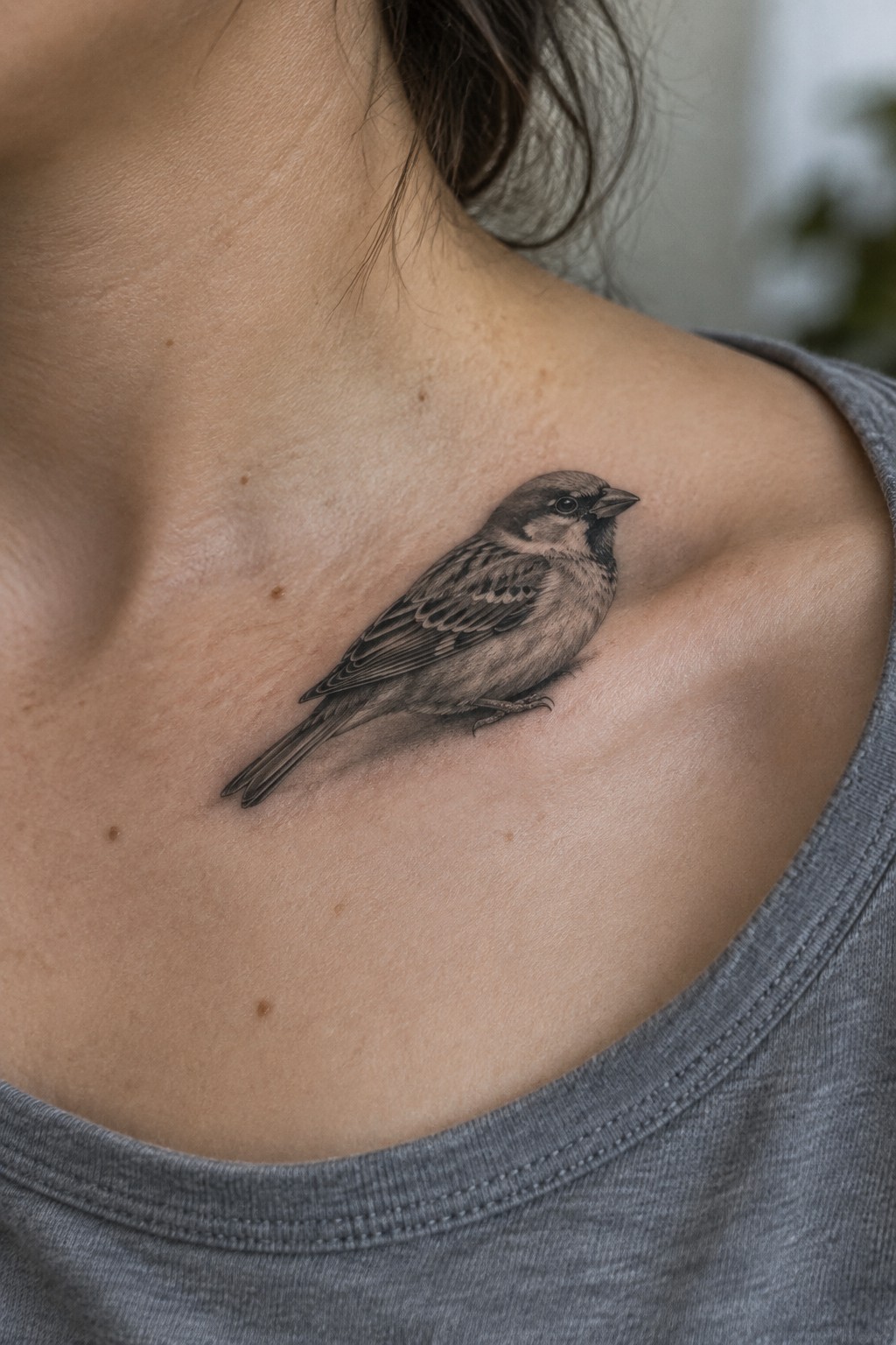 Realistic black-and-gray sparrow tattoo on shoulder above gray t-shirt
