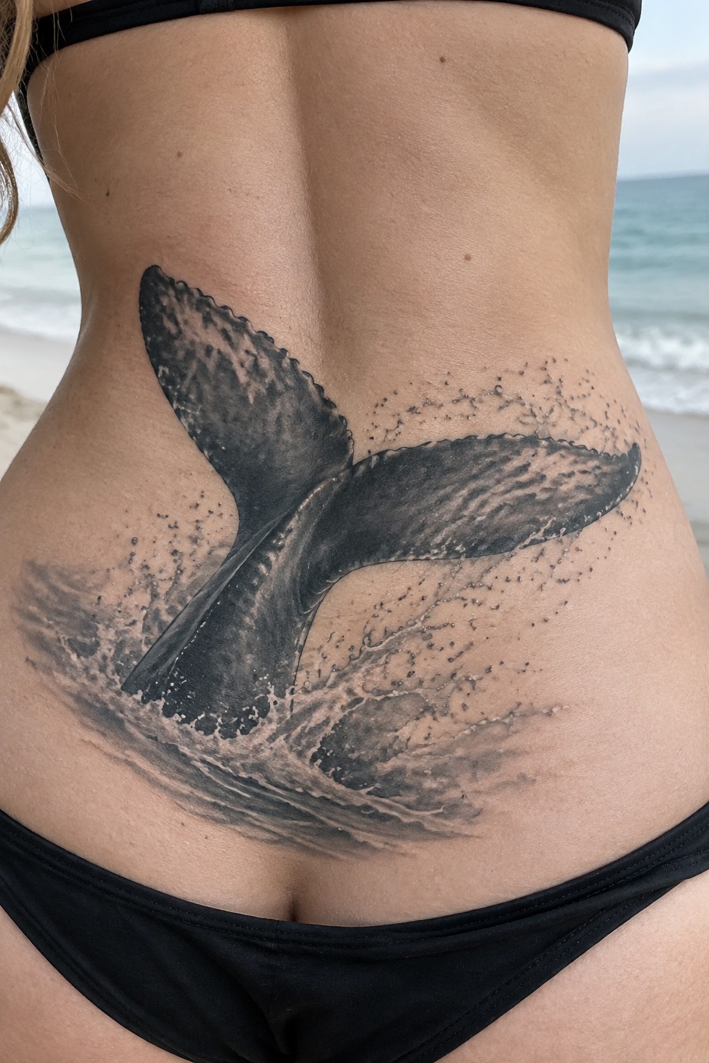Large black whale tail tattoo with splashes on lower back over black bikini at beach.