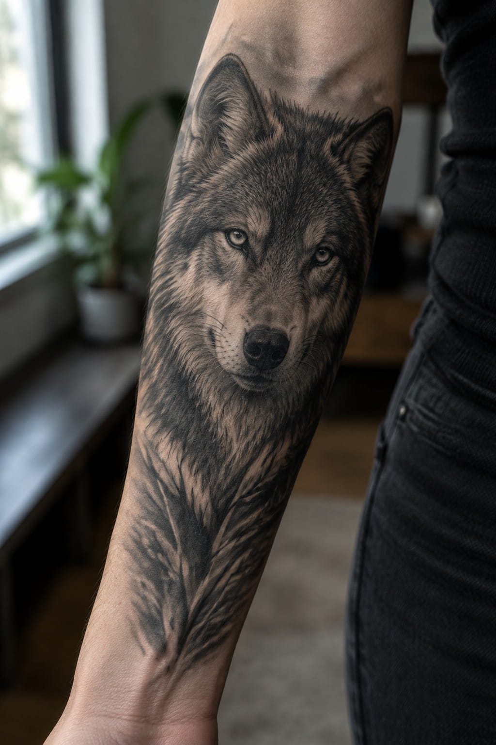 Realistic black and gray wolf head tattoo on the inner forearm with fur shading and leaf details extending downward.