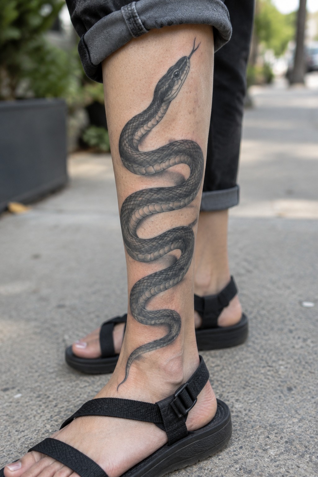 Black-and-gray snake tattoo coiled along lower leg above black sandals.