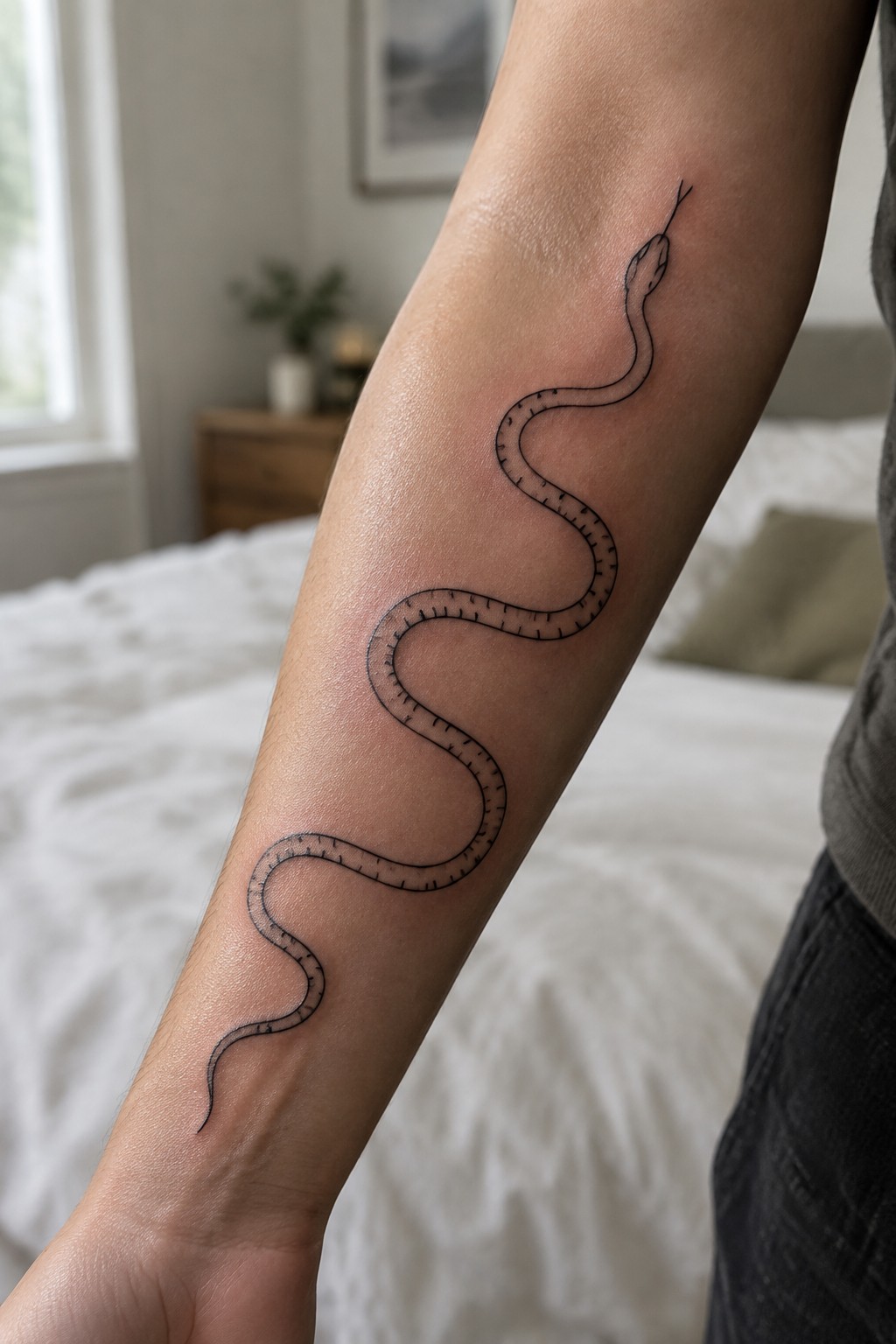 Minimalist black line snake tattoo curving along the inner forearm with dashed body segments