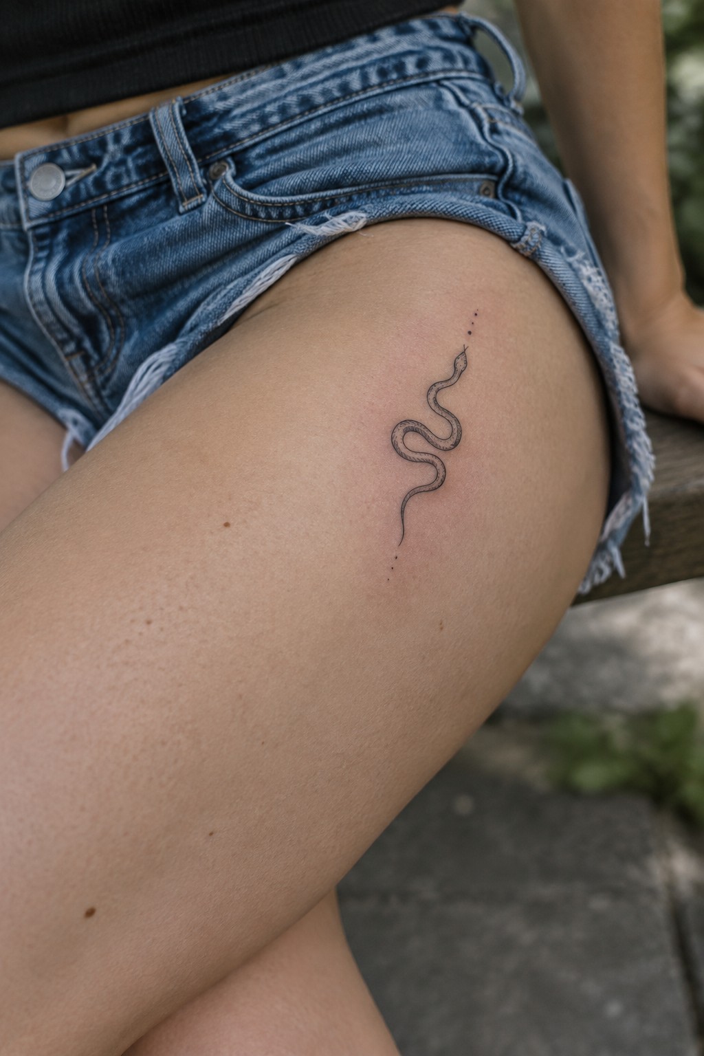 Snake tattoo on thigh above frayed blue denim cutoff shorts