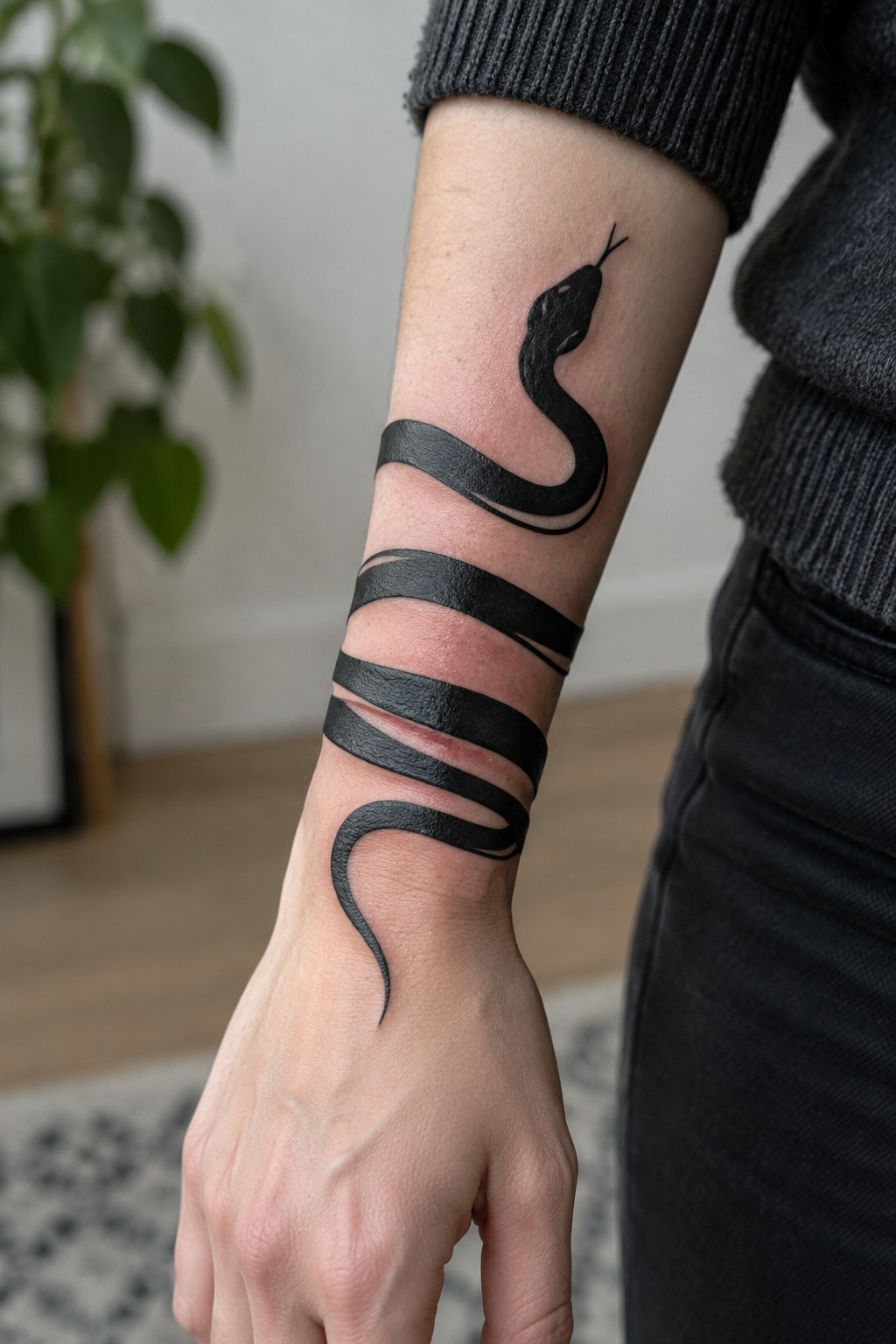 Black snake tattoo coiled around forearm below dark ribbed sweater.