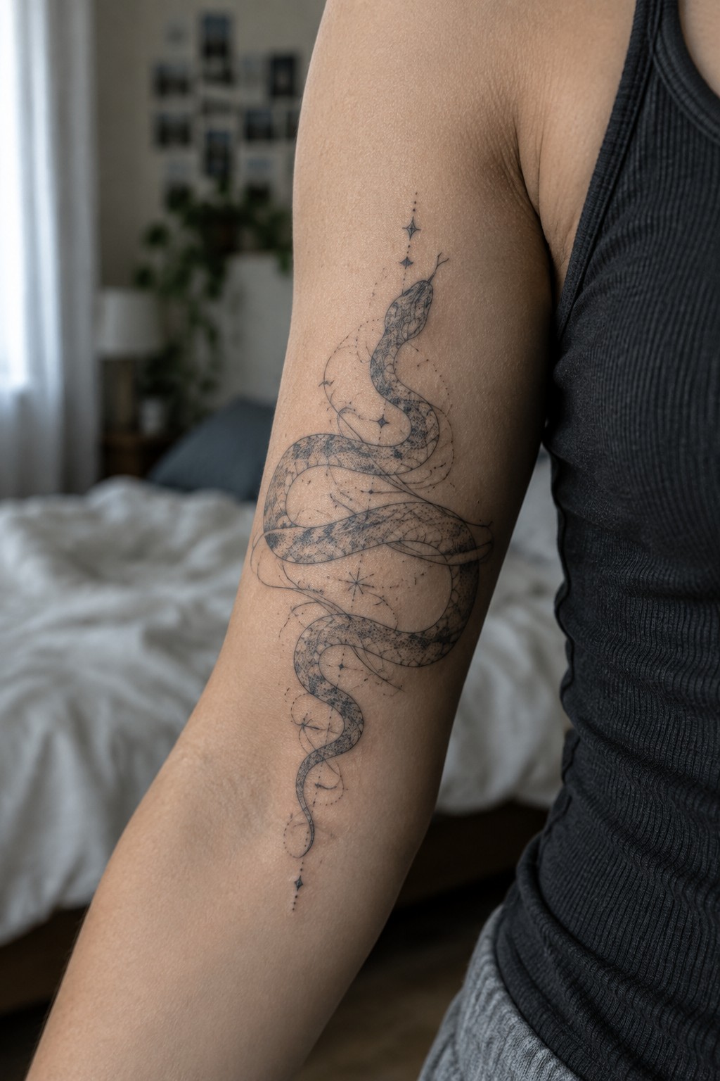 Detailed snake constellation tattoo on upper arm in black tank top, bedroom setting.