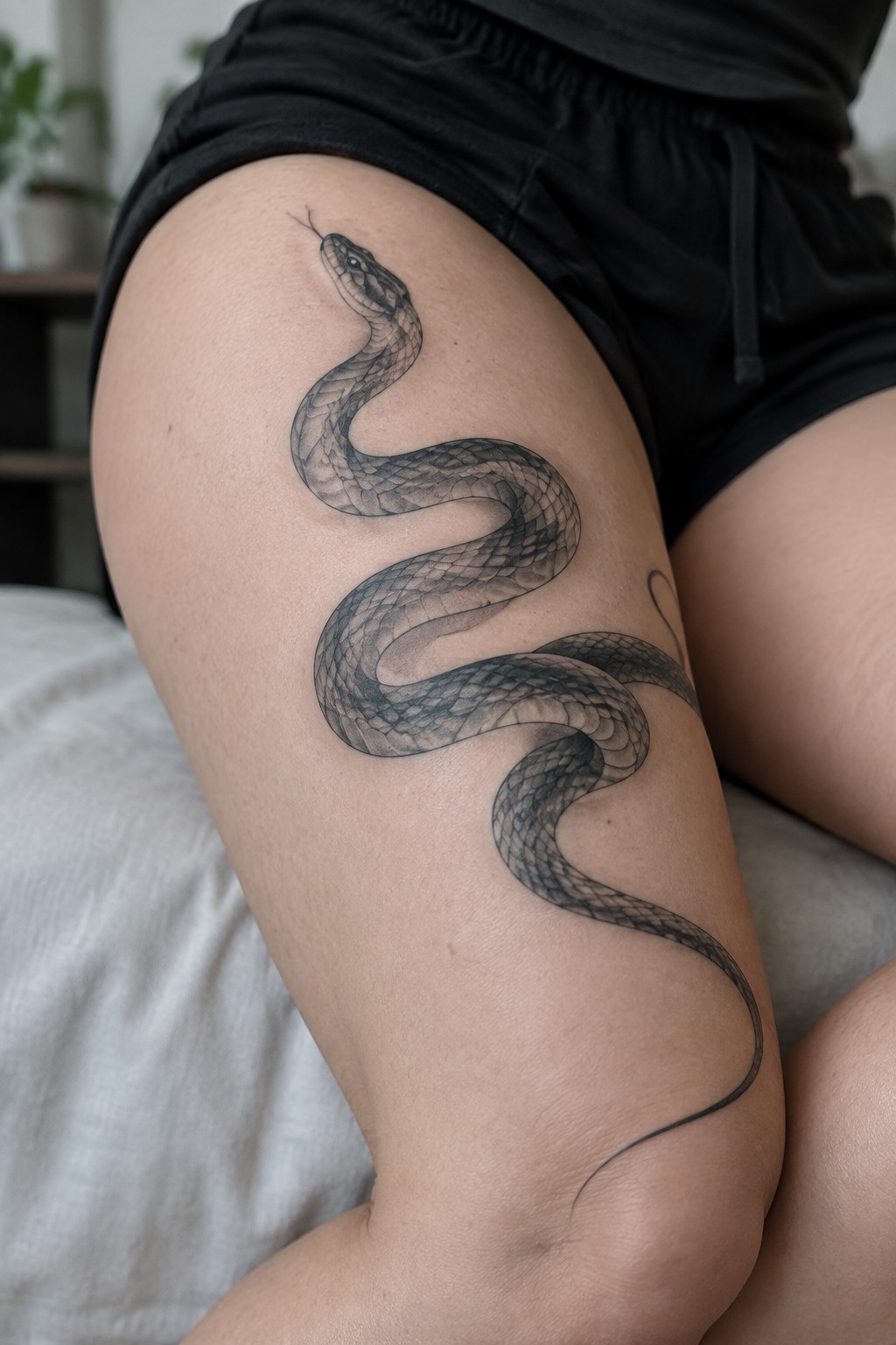 Realistic black and grey snake tattoo wrapping around a thigh with raised head and detailed scales.