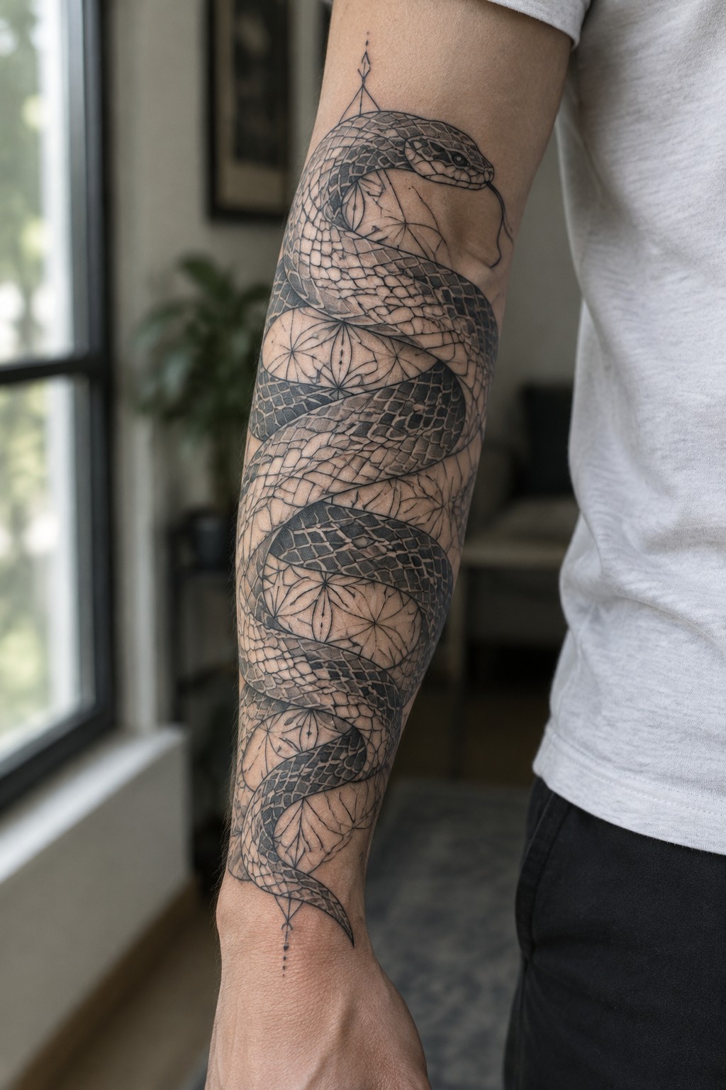 Coiled snake tattoo with intricate geometric patterns on a person's forearm.