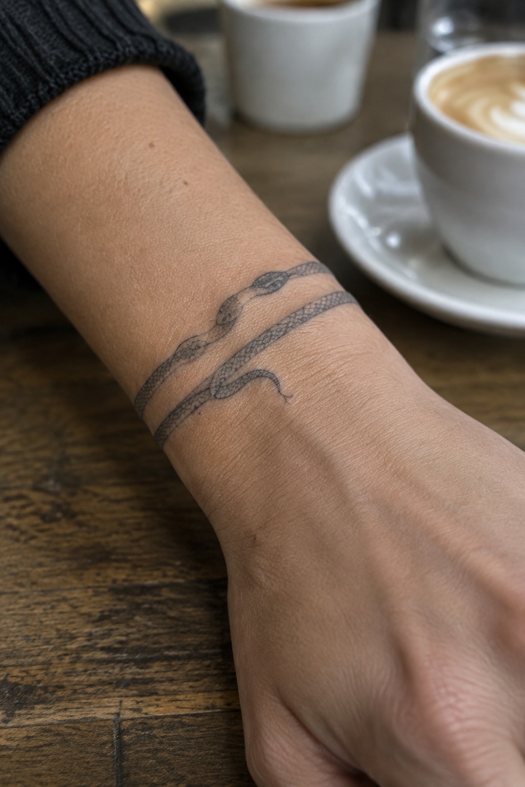 Snake tattoo wrapping wrist of arm in black knit sleeve near coffee cups on wood table