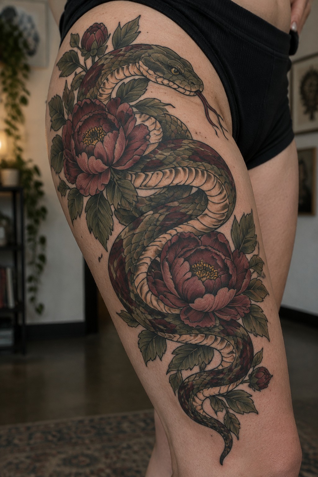 Detailed color tattoo of a snake coiled around a thigh with red peony flowers